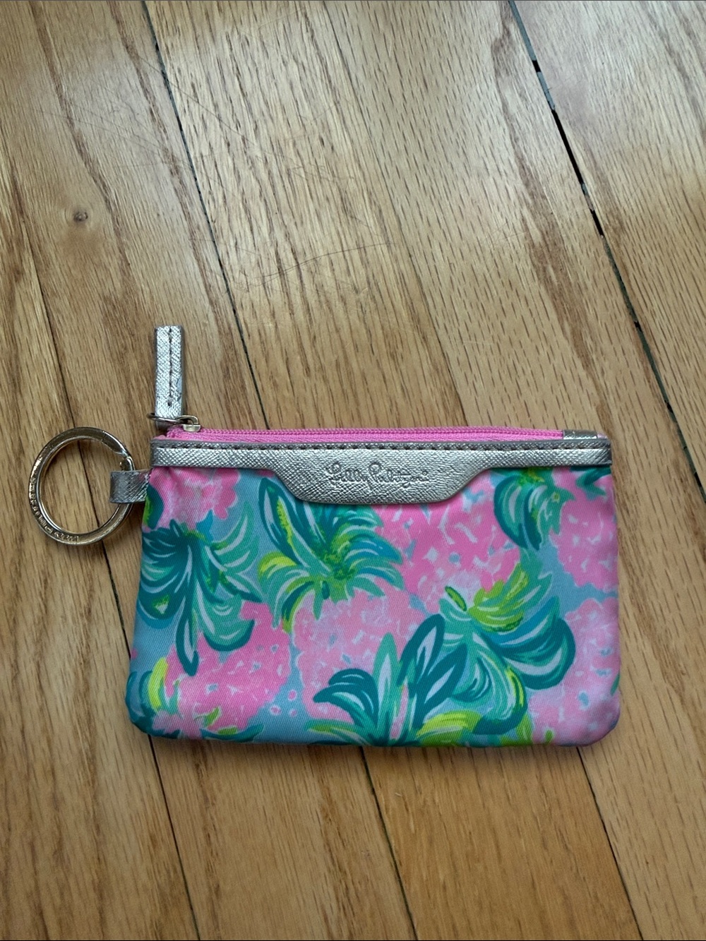 Lilly Pulitzer Pink Green Floral Key Pouch with Silver Trim